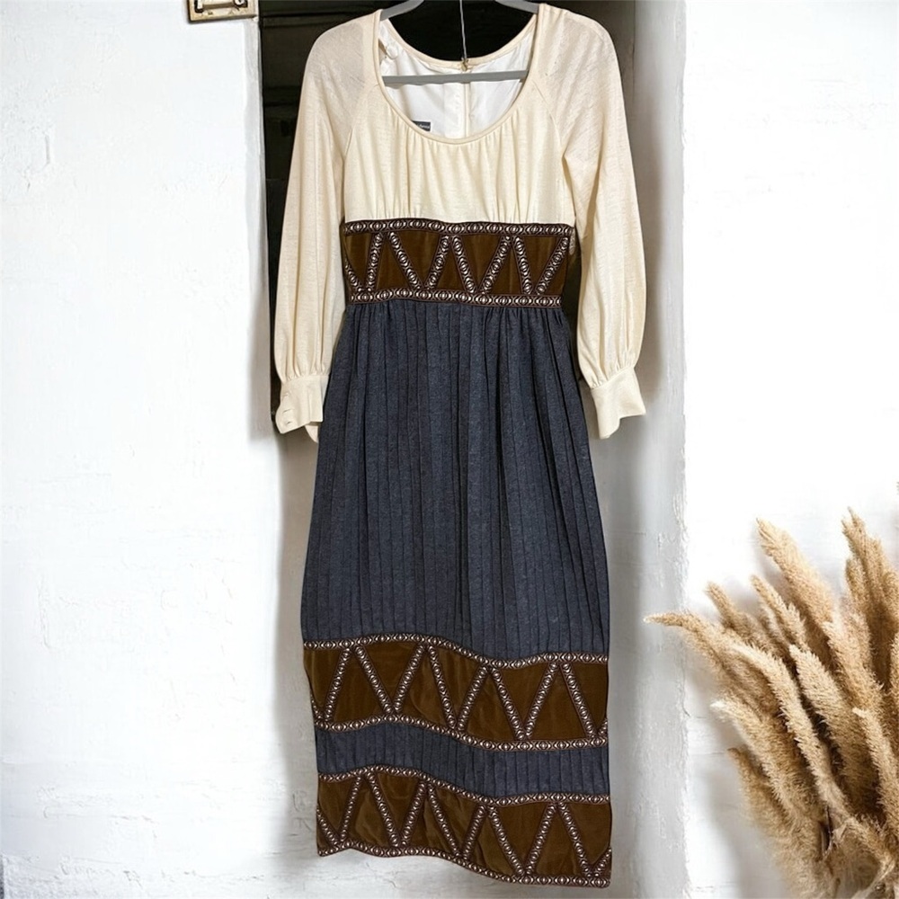 VTG 60s S. Howard Hirsh Prairie Milkmaid Cottage Aztec Woodstock Maxi Dress XS S